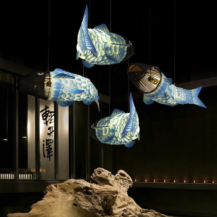 Traditional Chinese Koi Fish Chandelier in Iron and PVC for Dining Room, 2 or 4 Lights