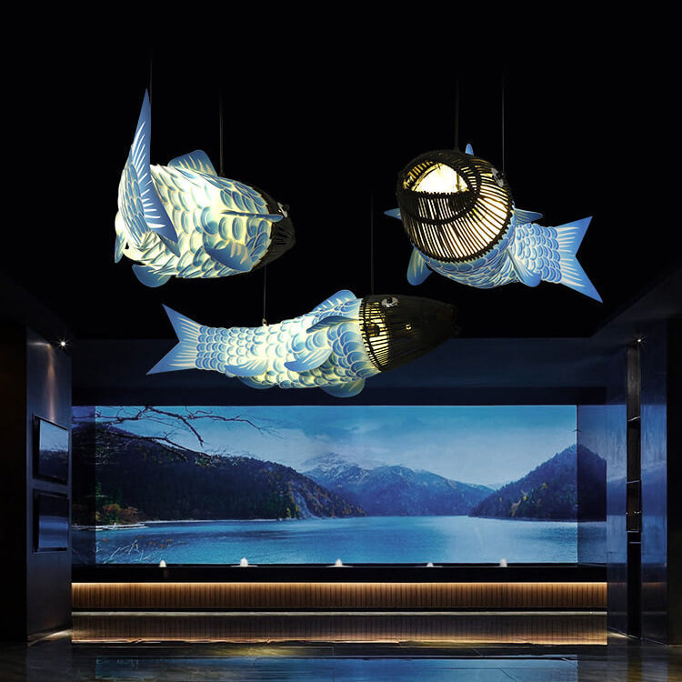 Traditional Chinese Koi Fish Chandelier in Iron and PVC for Dining Room, 2 or 4 Lights