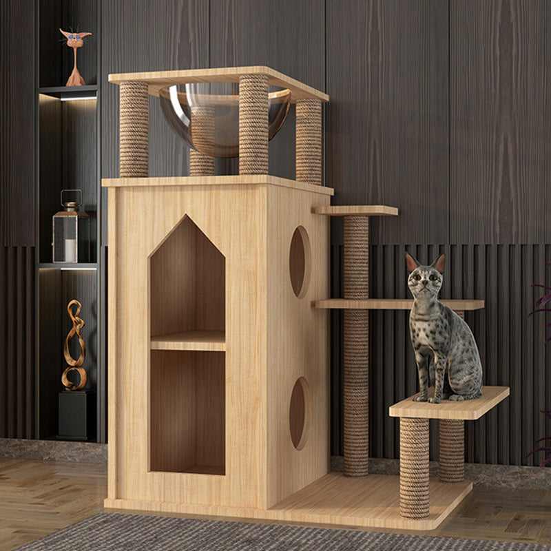 Contemporary Creative Rectangular Multi-Layer Solid Wood Panel Pine Wood Jute Rope Cat Tree 3/4/5-Tier For Living Room