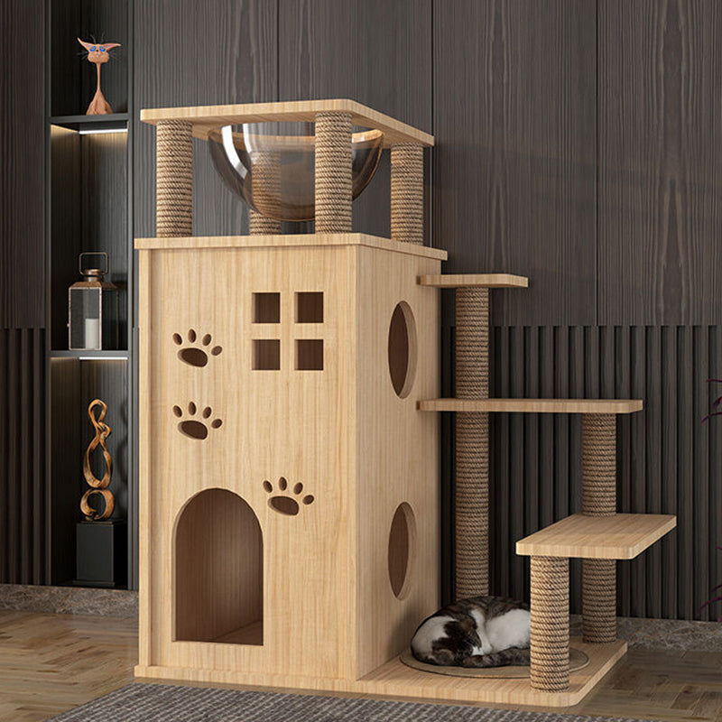 Contemporary Creative Rectangular Multi-Layer Solid Wood Panel Pine Wood Jute Rope Cat Tree 3/4/5-Tier For Living Room