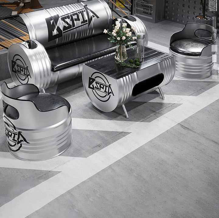 Contemporary Industrial Iron Pine Wood Leather Oil Drum Round Rectangular Coffee Table & Sofa Set For Dining Room