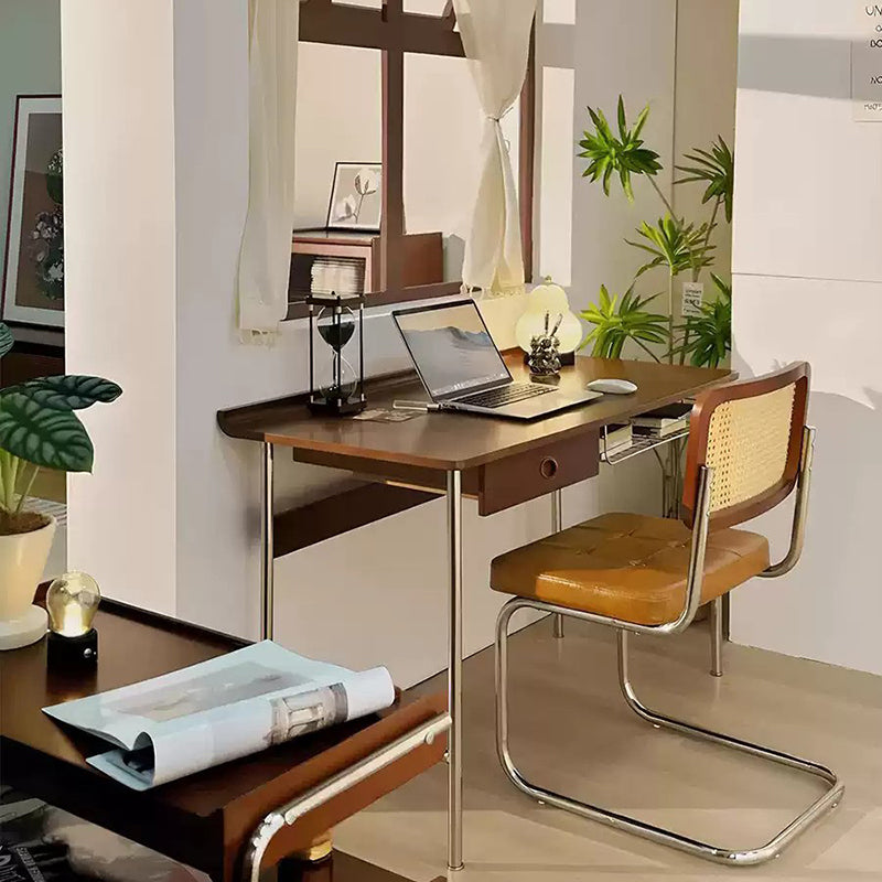 Modern Minimalist Rectangular Solid Wood Stainless Steel Desk 4-Leg 1-Drawer For Home Office