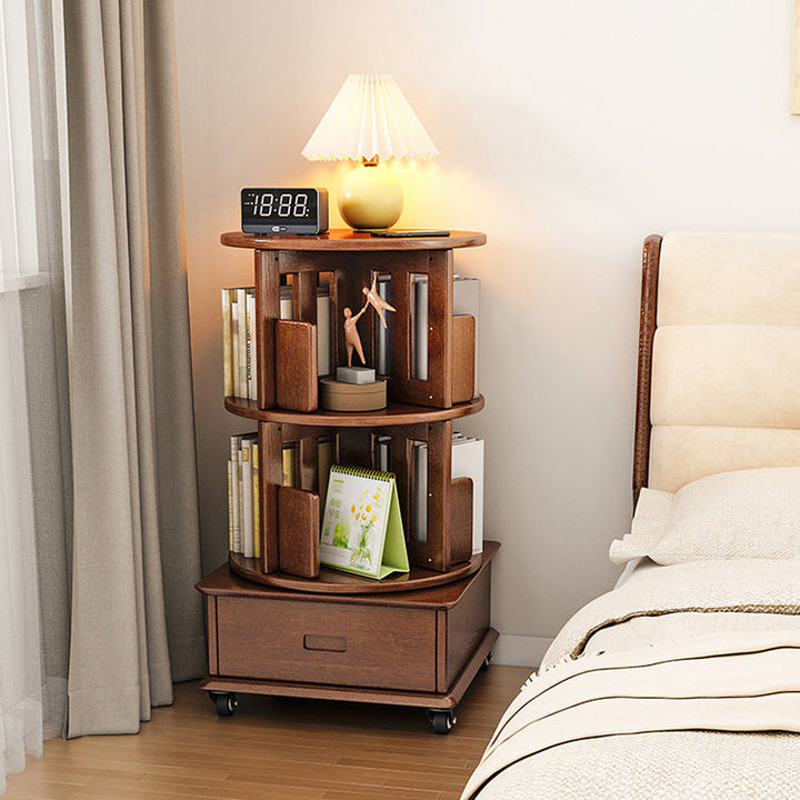 Contemporary Simplicity Round Square Storage Rotatable Bookshelf Solid Wood Hardware Nightstand 1 - Drawer For Bedroom